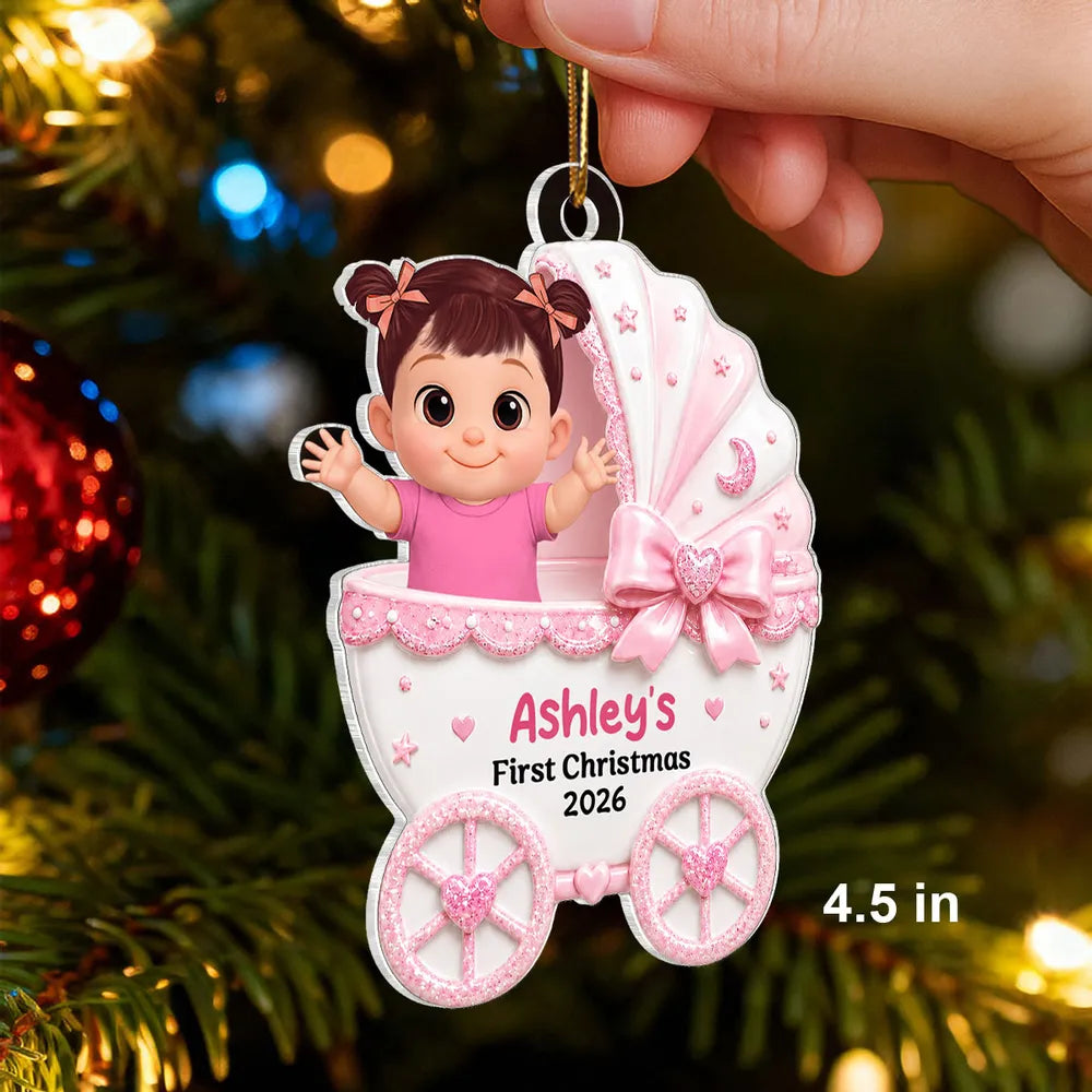 Personalized Acrylic Ornament, Waving Baby in Stroller on Christmas Tree, Unique Creative Gift for New Parents