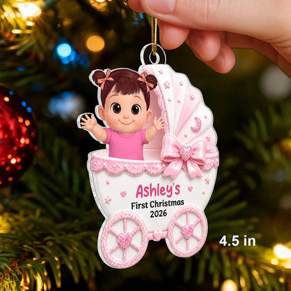 Personalized Acrylic Ornament, Waving Baby in Stroller on Christmas Tree, Unique Creative Gift for New Parents