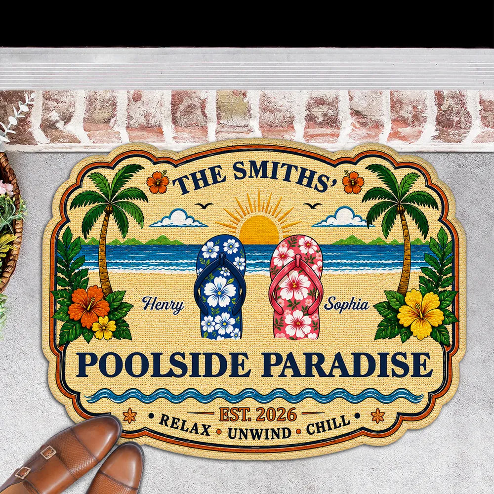 Personalized Shaped Doormat, Poolside Paradise Flip Flops, Tropical Summer House Unique Gift