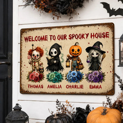 Personalized Rectangular Iron Sign, Welcome To Our Spooky House Halloween Porch Decor, Unique Family Gift