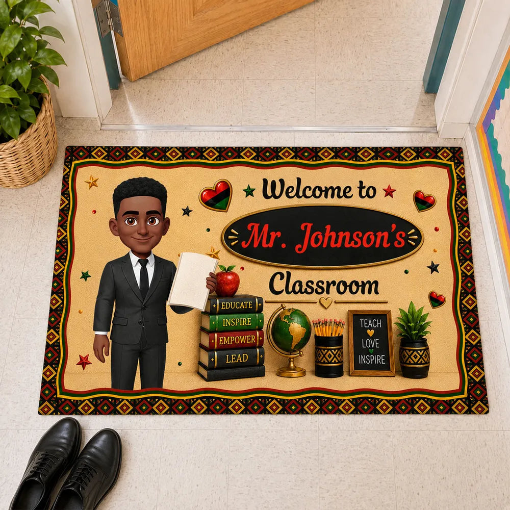 Personalized Teacher Doormat, Illustrated Teacher Holding A Book, Unique Classroom Gift For Educator