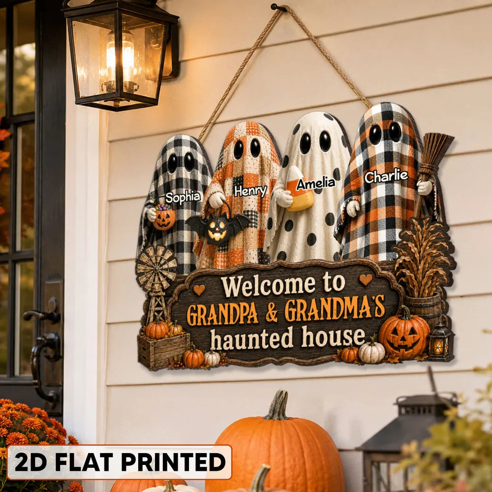 Personalized Wooden Sign with Cute Ghosts, Farmhouse Halloween Decor, Unique Creative Gift for Grandparents