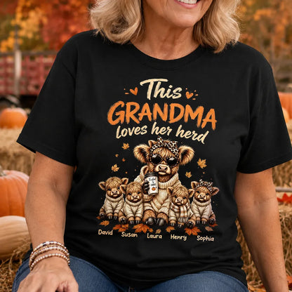 Personalized Grandma Classic Tee, Highland Cow Herd Design, Fall Leaves, Unique Gift for Grandma