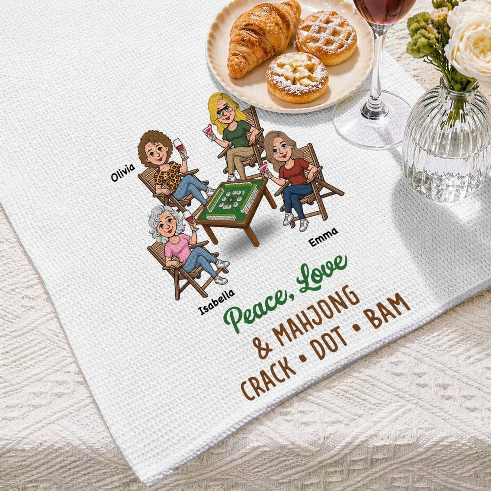 Personalized Kitchen Towel with Mahjong Friends Playing, Unique Gift for Game Night Decor