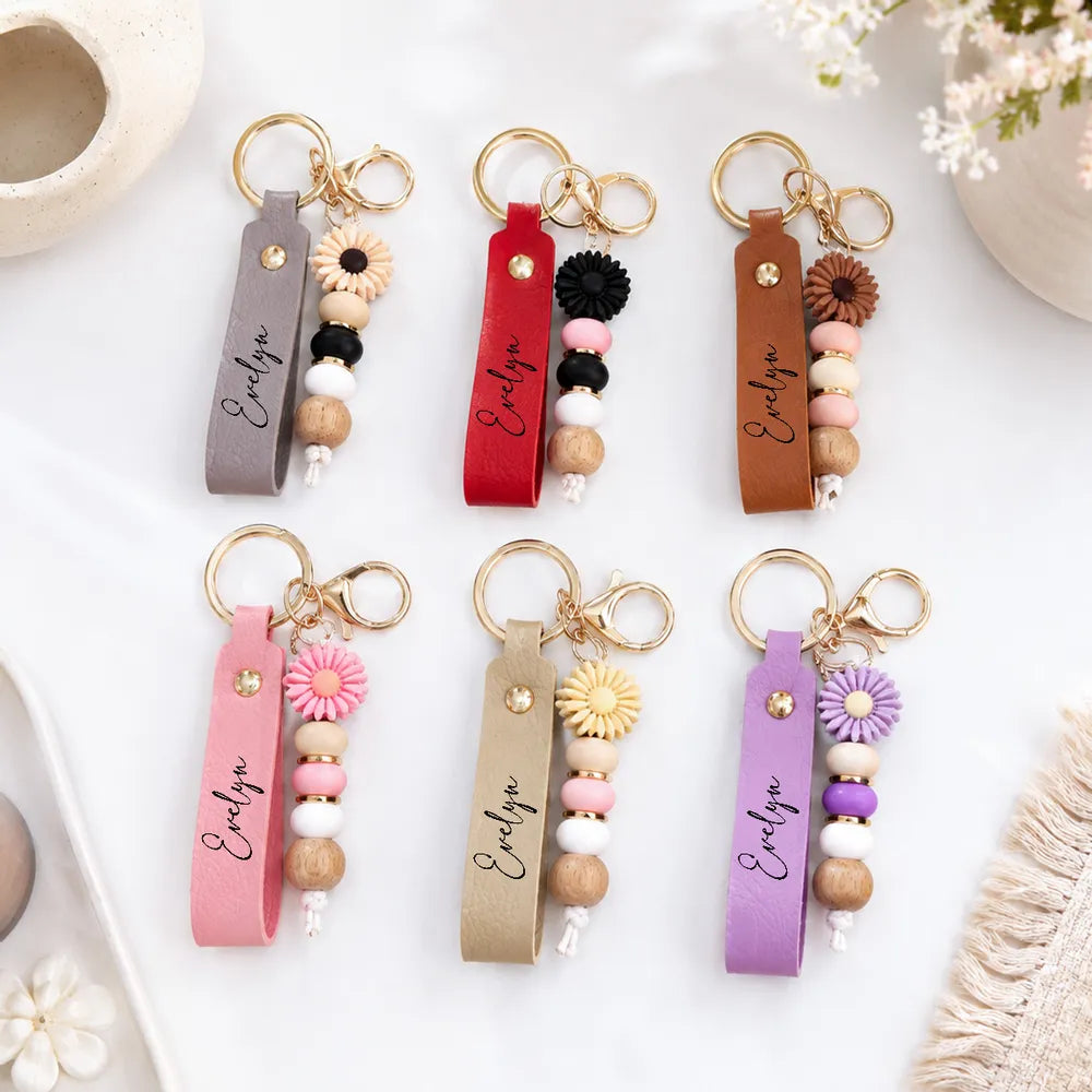 Personalized PU Leather Daisy Keychain, Pastel Beaded Style for Girls, Creative Gift for Friend