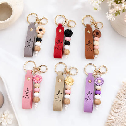 Personalized PU Leather Daisy Keychain, Pastel Beaded Style for Girls, Creative Gift for Friend