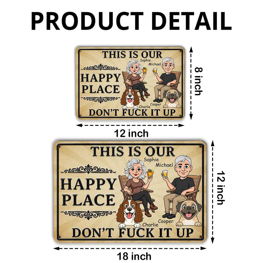 Personalized Rectangular Iron Sign, Rustic Beige Cartoon of a Couple Sitting with Dogs, Unique Gift for Dog Lovers