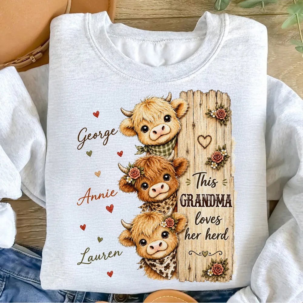 Grandma Loves Her Herd Classic Tee, Personalized Highland Cow Family Shirt, Unique Gift for Grandma