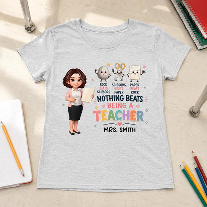 Personalized Classic Tee with Standing Teacher & Rock Paper Scissors Art, Unique Gift for Teachers