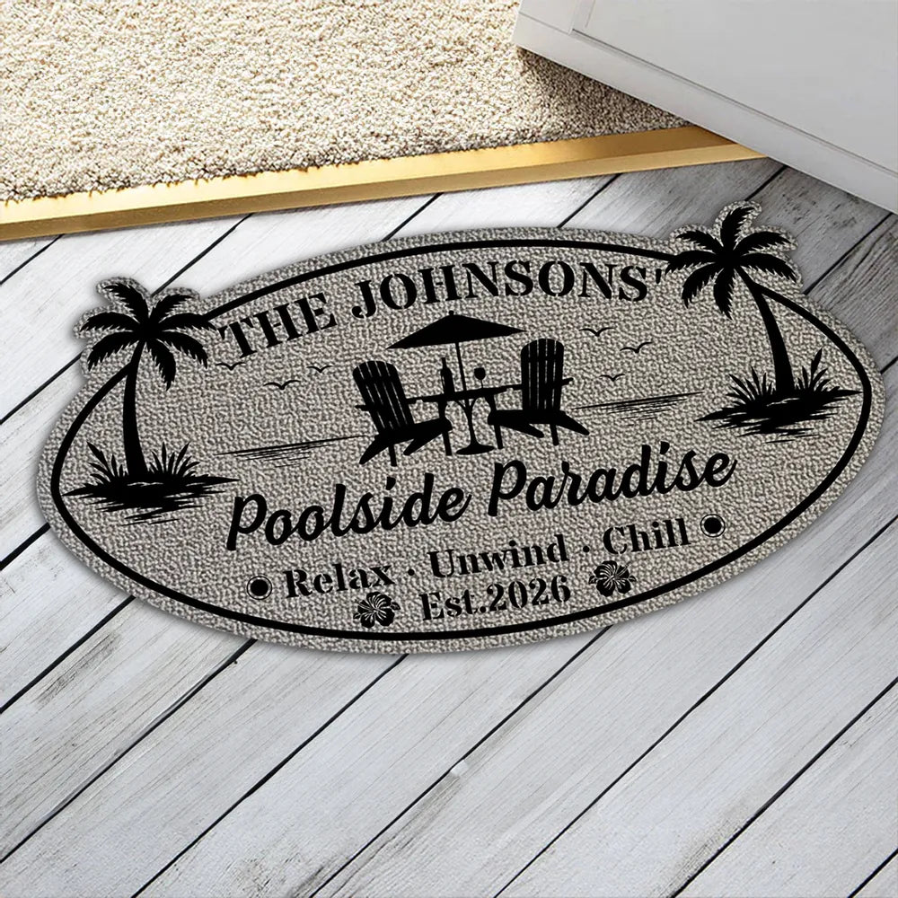 Tropical Personalized Shaped Doormat with Poolside Chairs, Unique Family Gift for Backyard Entry