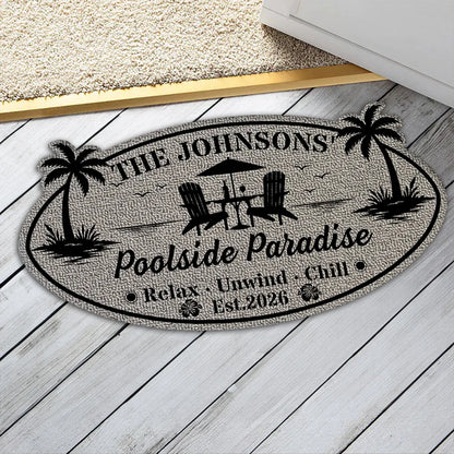 Tropical Personalized Shaped Doormat with Poolside Chairs, Unique Family Gift for Backyard Entry