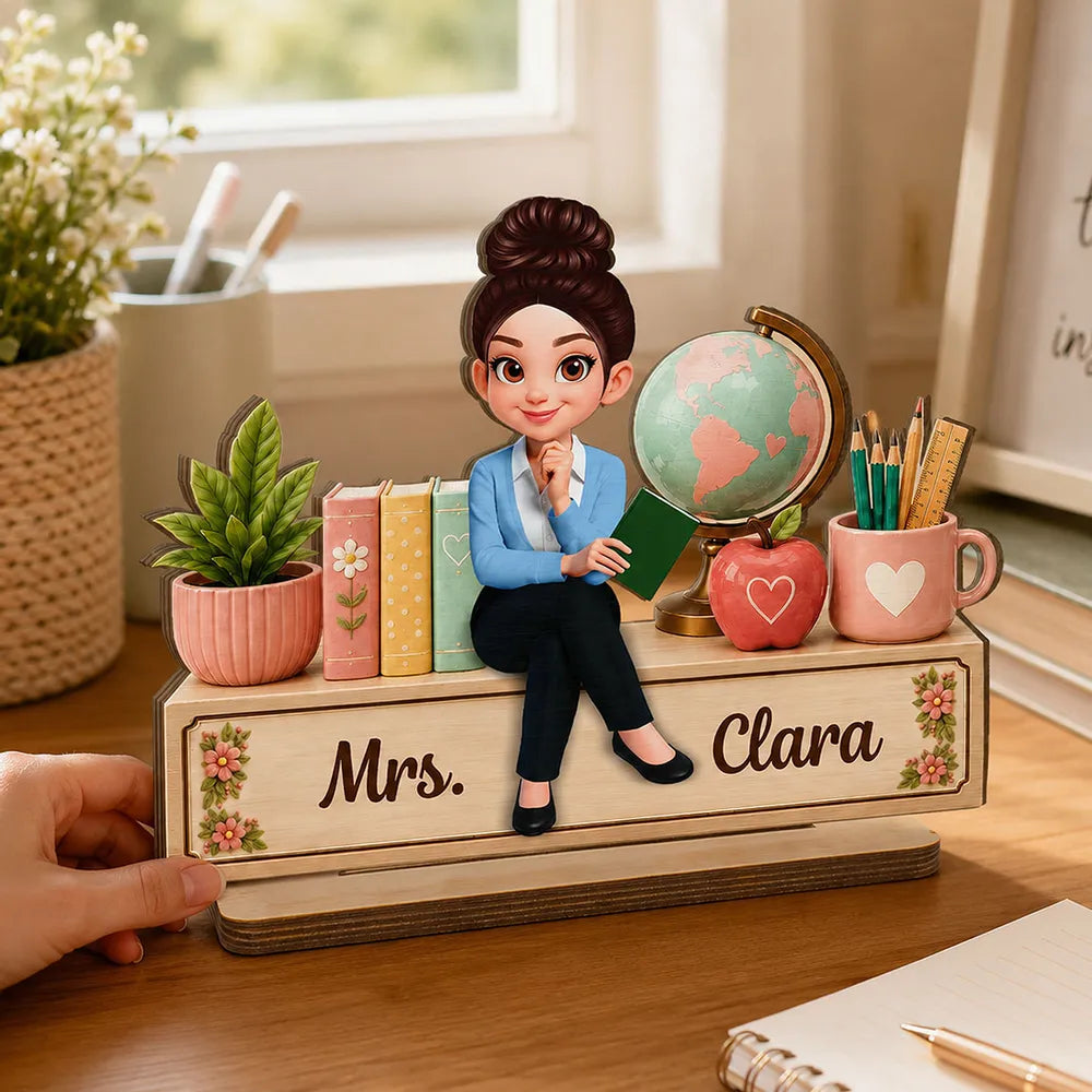 Personalized Wooden Plaque with Sitting Teacher, Books & Globe, Unique Gift for Teacher Desk Display