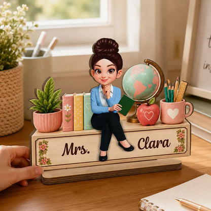 Personalized Wooden Plaque with Sitting Teacher, Books & Globe, Unique Gift for Teacher Desk Display