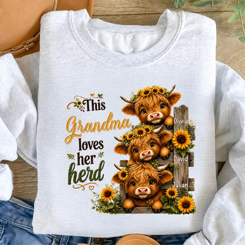 Grandma Loves Her Herd Sweatshirt, Personalized Sunflower Cow Art, Creative Gift for Grandma