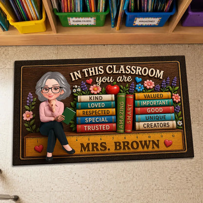 Personalized Teacher Doormat With Classroom Books, Unique Creative Gift For Back To School Entryway