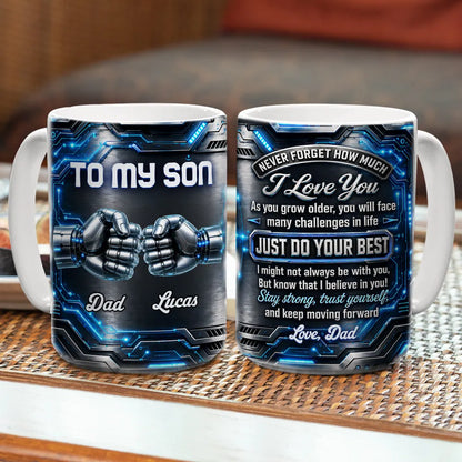 Personalized Mug with Futuristic Robot Fist Bump, Stay Strong Quote, Unique Gift for Son