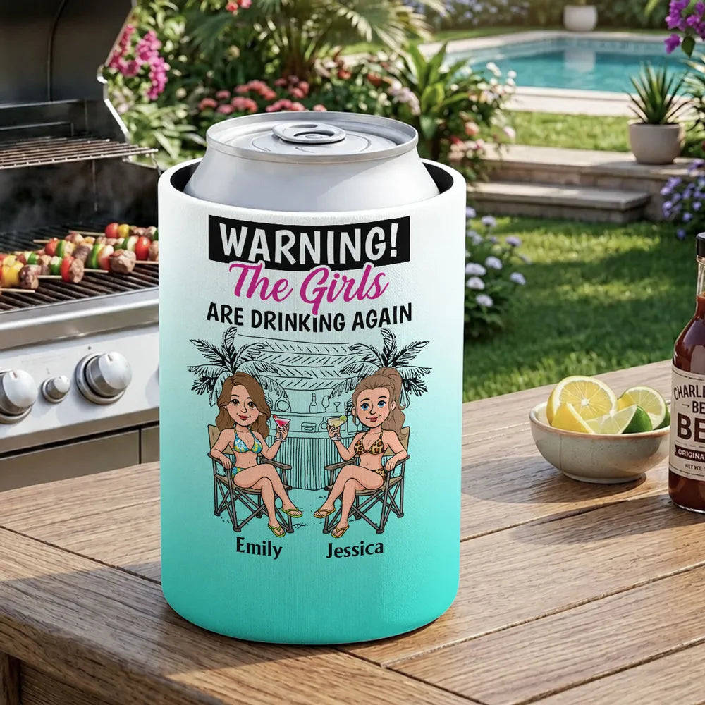 Neoprene Can Cooler with Pink Tropical Girls Party Art, Personalized Unique Creative Gift for Friend