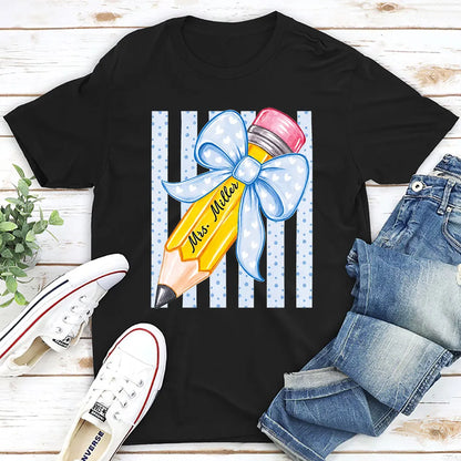 Personalized Classic Tee, Watercolor Pencil & Blue Bow, Unique Teacher Gift for Classroom Style
