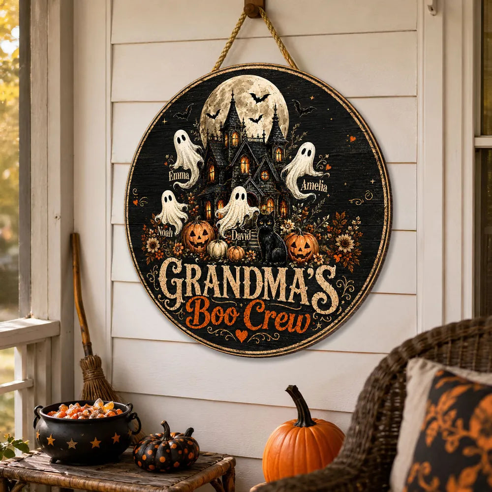 Personalized Grandma's Boo Crew Wooden Sign, Halloween Haunted House Decor, Unique Gift for Grandma