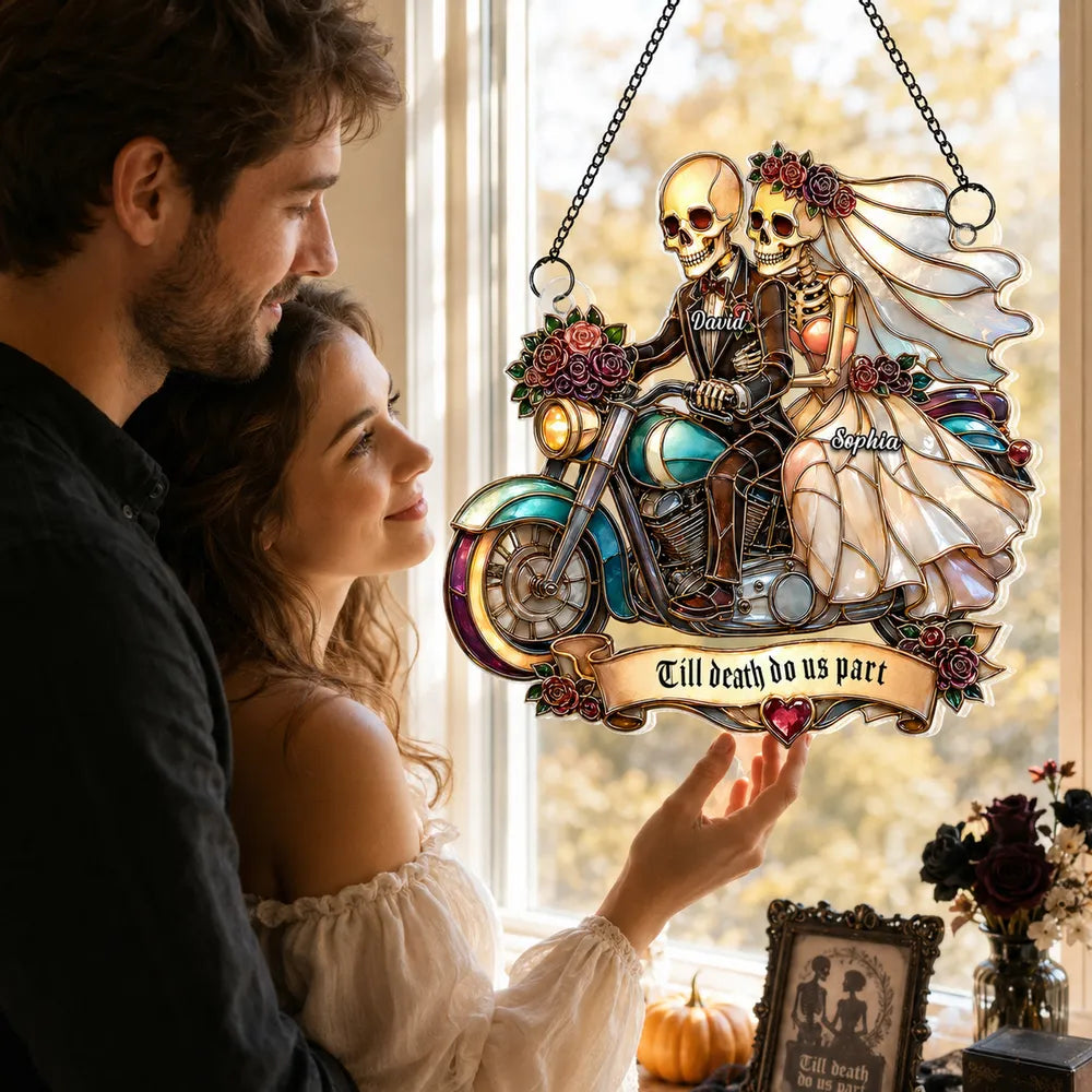 Personalized Acrylic Suncatcher Ornament, Skeleton Newlyweds Riding Motorcycle, Unique Couple Gift