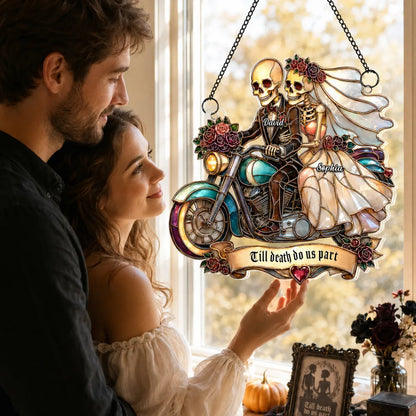 Personalized Acrylic Suncatcher Ornament, Skeleton Newlyweds Riding Motorcycle, Unique Couple Gift