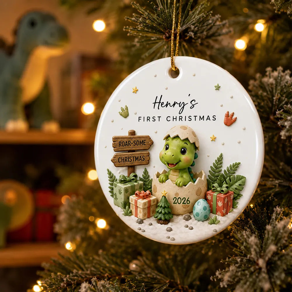 Personalized Ceramic Ornament With Cute Baby Dinosaur, Unique First Christmas Keepsake Gift for Baby