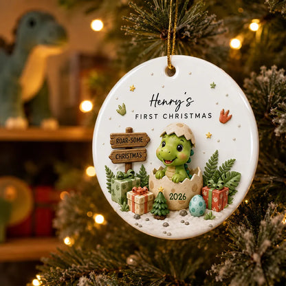 Personalized Ceramic Ornament With Cute Baby Dinosaur, Unique First Christmas Keepsake Gift for Baby