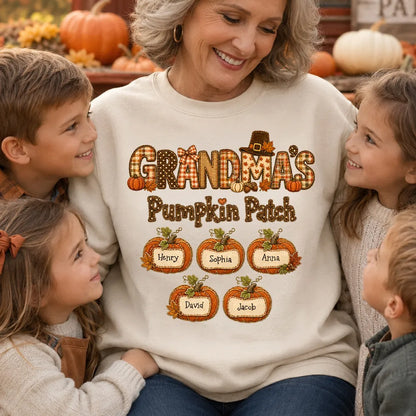 Personalized Grandma's Pumpkin Patch Sweatshirt, Autumn Patchwork Pumpkins, Unique Gift for Grandma
