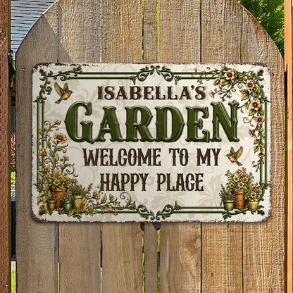 Personalized Rectangular Iron Sign, Vintage Garden Welcome Decor with Hummingbirds, Unique Gift for Garden Lover