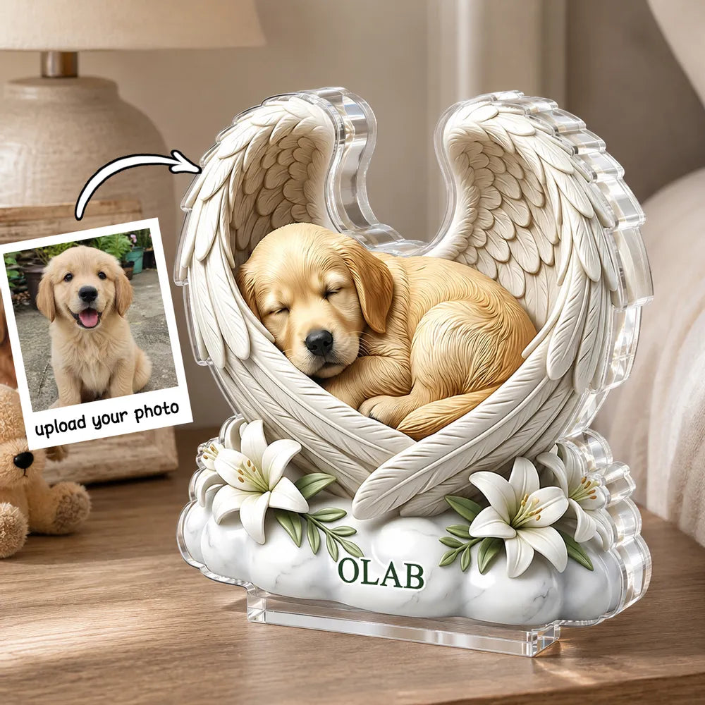 Personalized Shaped Acrylic Block Plaque, Sleeping Dog with Angel Wings, Unique Pet Memorial Gift