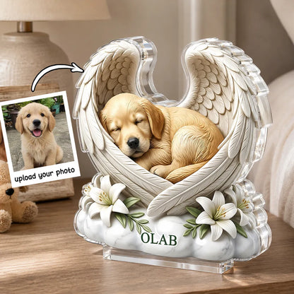 Personalized Shaped Acrylic Block Plaque, Sleeping Dog with Angel Wings, Unique Pet Memorial Gift