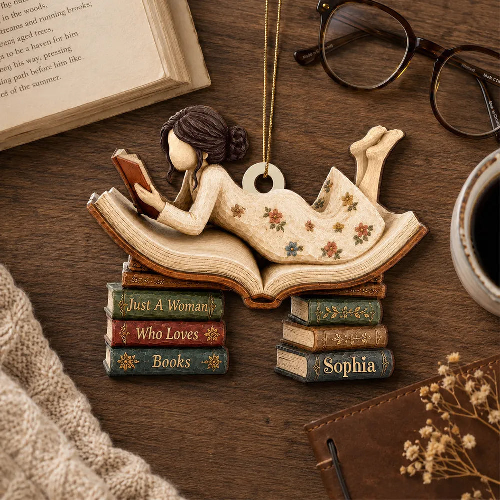 Personalized Wooden Ornament, Woman Reading On Open Book, Warm Vintage Unique Creative Gift For Book Lover
