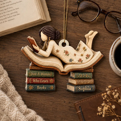 Personalized Wooden Ornament, Woman Reading On Open Book, Warm Vintage Unique Creative Gift For Book Lover