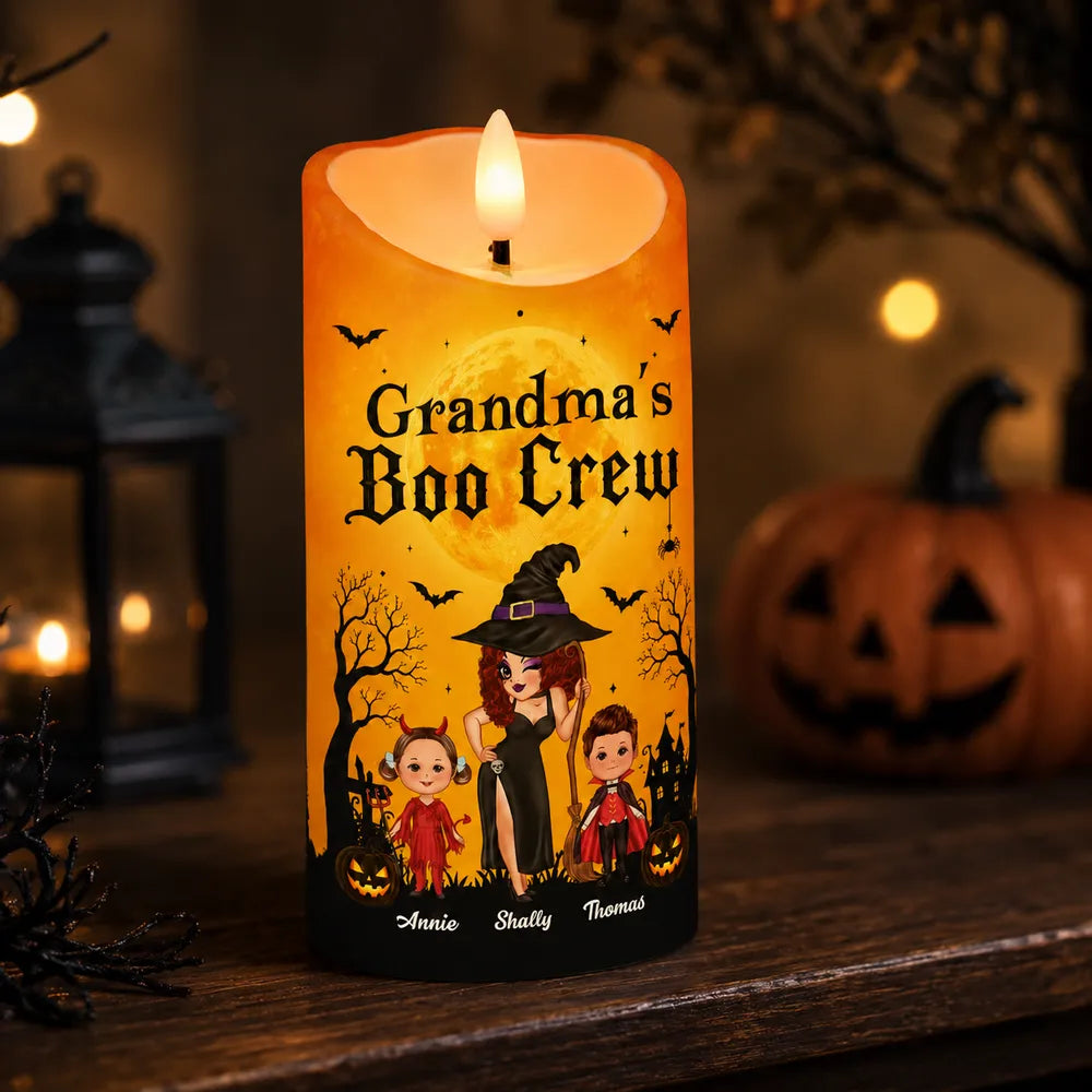 Personalized Flameless LED Candle, Witch Grandma and Costumed Kids Halloween Decor, Unique Gift for Grandma