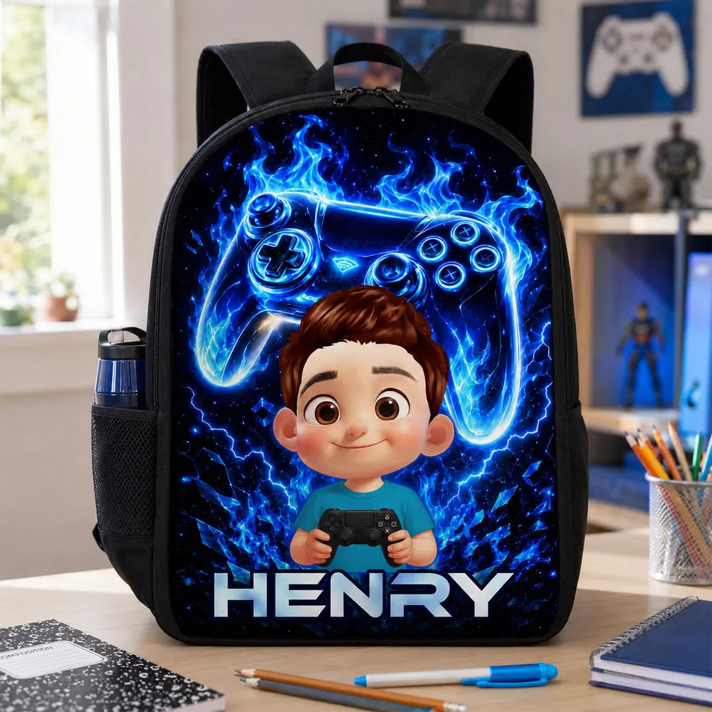 Personalized Kids School Backpack, Neon Gamer Design for Son or Daughter, Unique Back to School Gift