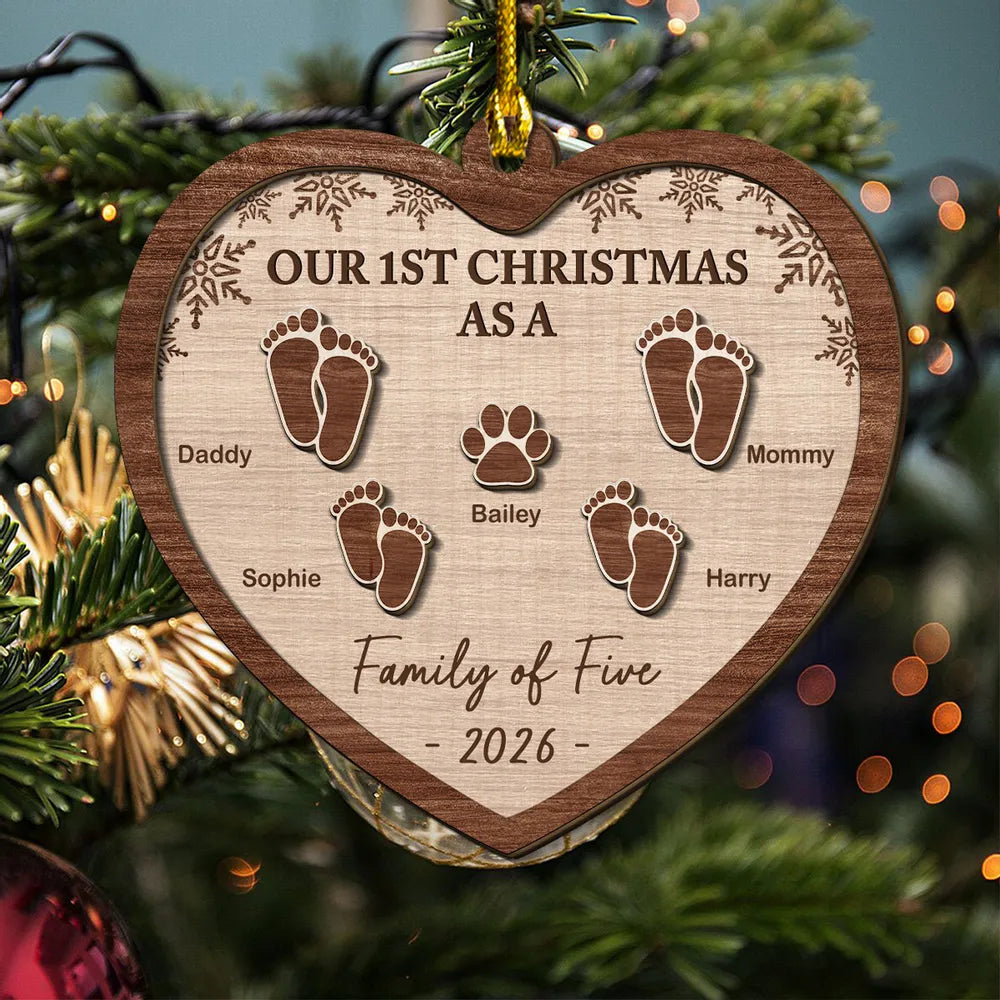 Personalized Wooden Ornament, Our First Christmas Family Footprint Design, Unique Gift for New Parents