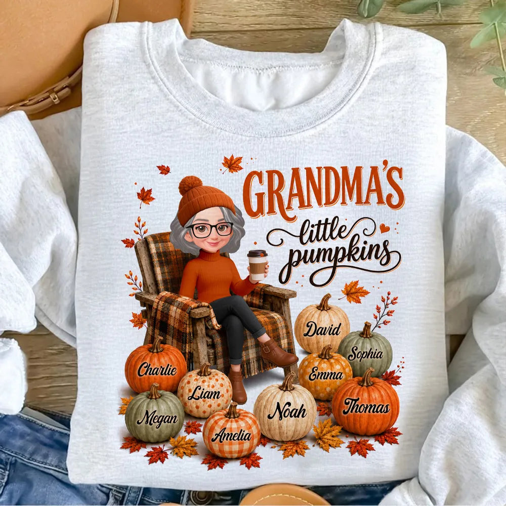 Personalized Grandma Sweatshirt, Seated Grandma with Coffee & Pumpkins, Unique Fall Gift