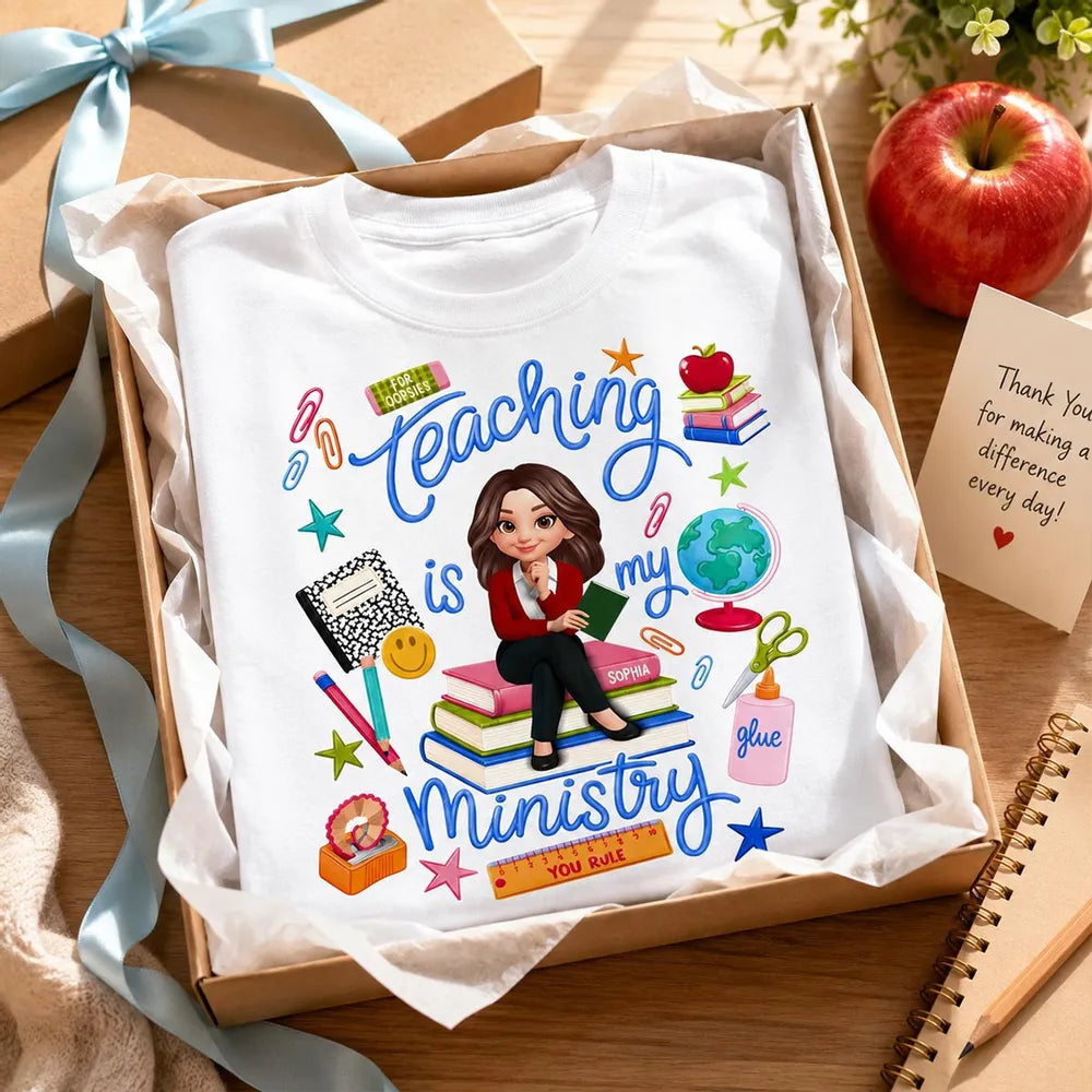 Personalized Teaching Is My Ministry Classic Tee, Creative Teacher Gift With Bright Classroom Art