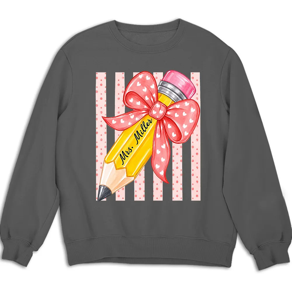 Personalized Classic Tee, Watercolor Pencil & Blue Bow, Unique Teacher Gift for Classroom Style