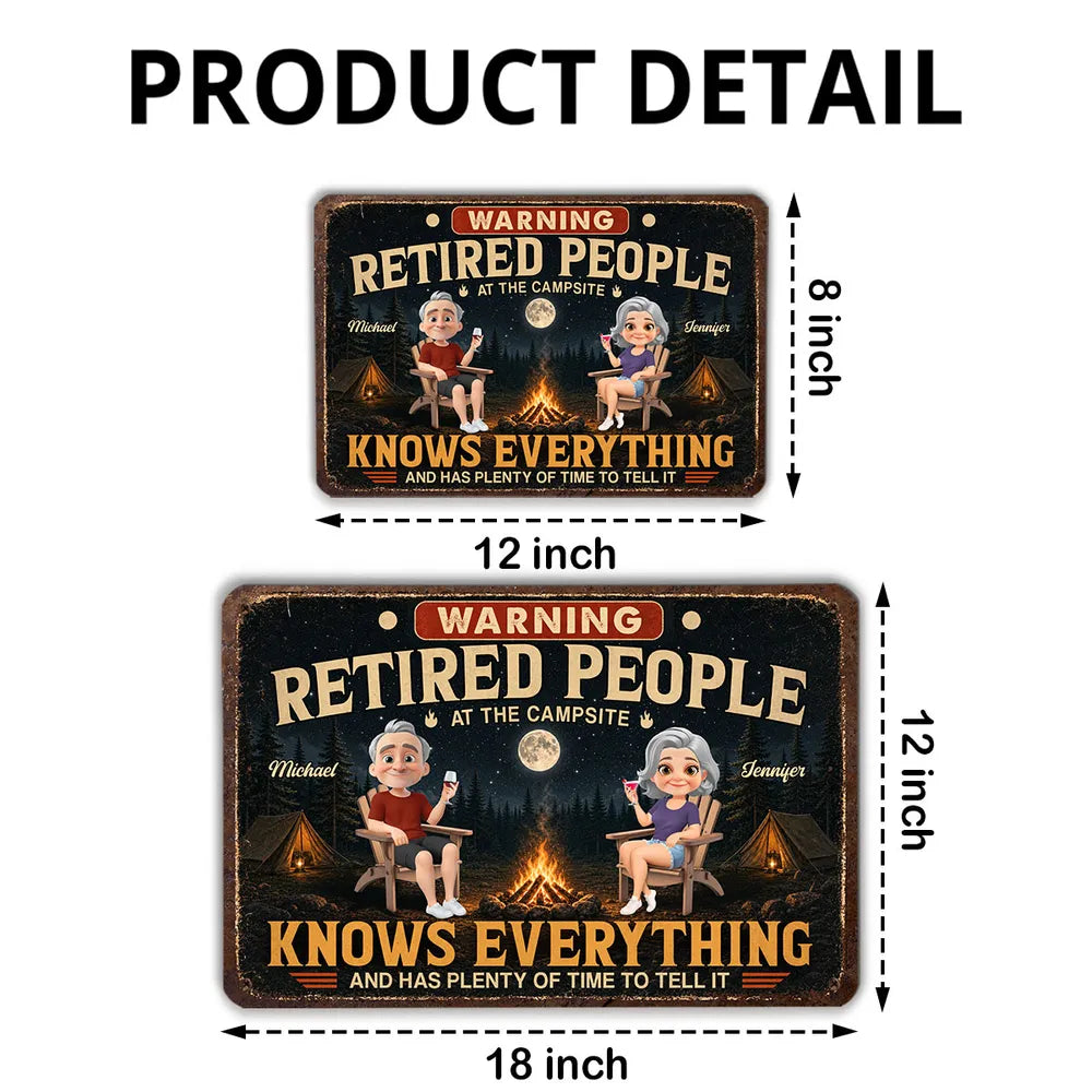 Personalized Rectangular Iron Sign, Retired Campsite Cartoon, Unique Gift for Retirees