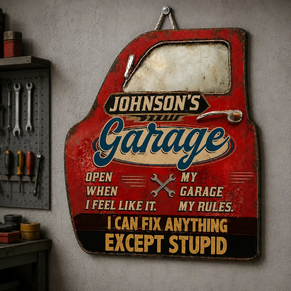 Personalized Wooden Sign, Vintage Red Garage Door Design, Unique Gift for Dad's Workshop