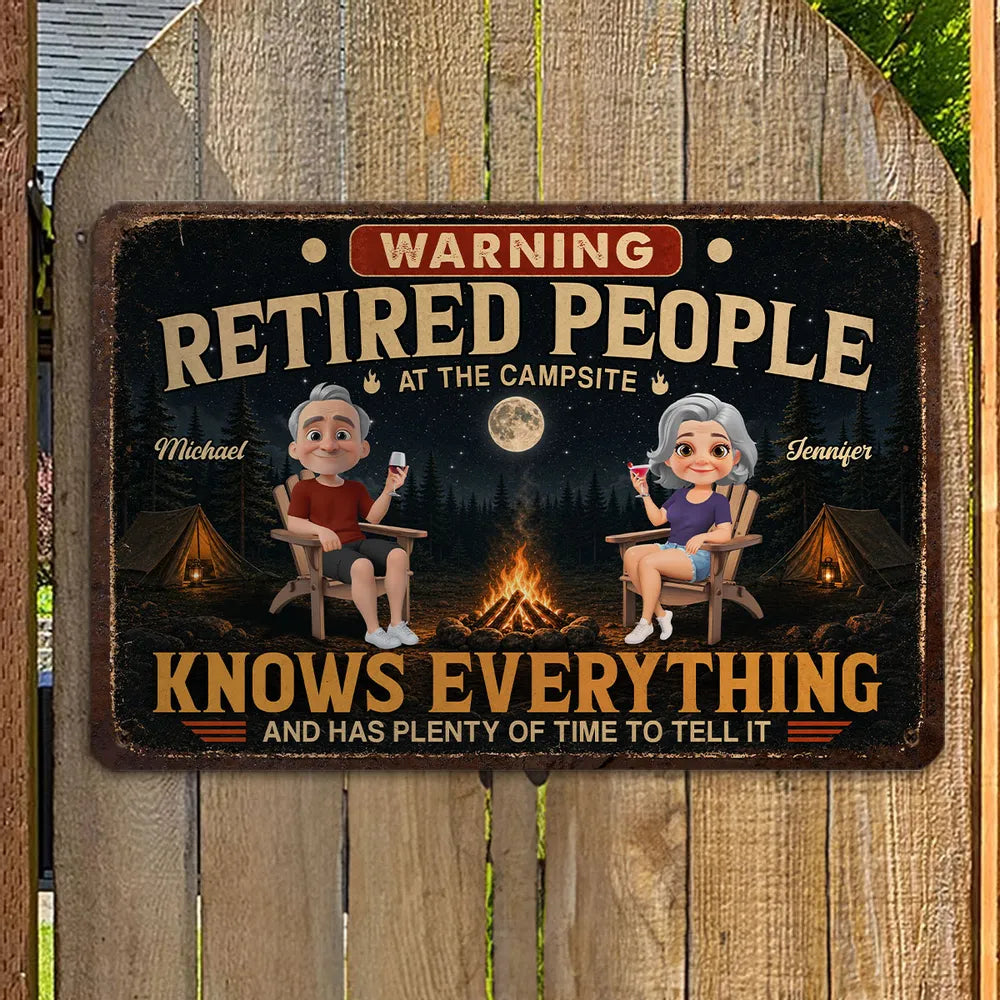 Personalized Rectangular Iron Sign, Retired Campsite Cartoon, Unique Gift for Retirees