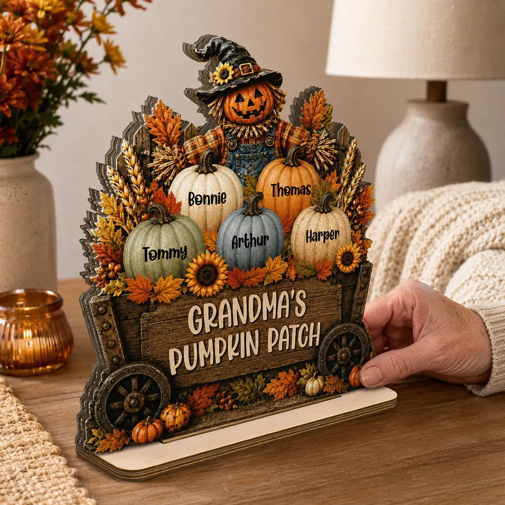 Personalized Wooden Plaque with Grandma's Pumpkin Patch Scarecrow, Rustic Fall Decor, Unique Gift for Grandma