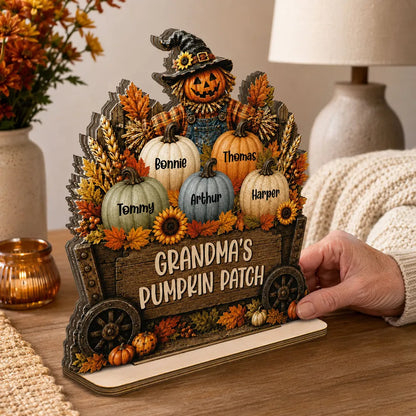 Personalized Wooden Plaque with Grandma's Pumpkin Patch Scarecrow, Rustic Fall Decor, Unique Gift for Grandma
