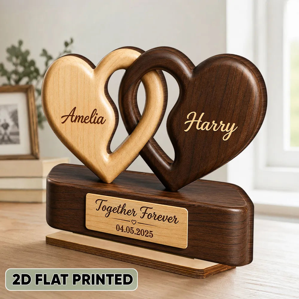 Personalized 2-Layer Wooden Plaque, Interlocking Hearts in Warm Tones, Unique Gift for Couple