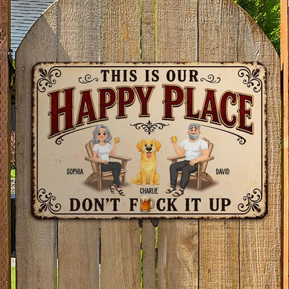 Personalized Rectangular Iron Sign With Seated Couple & Dog, Vintage Happy Place Unique Gift