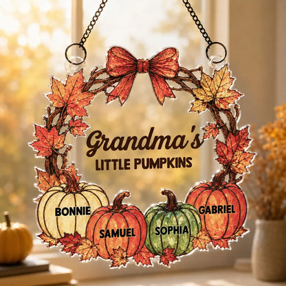 Personalized Acrylic Suncatcher Ornament with Fall Pumpkins, Unique Gift for Grandma's Sunlit Window
