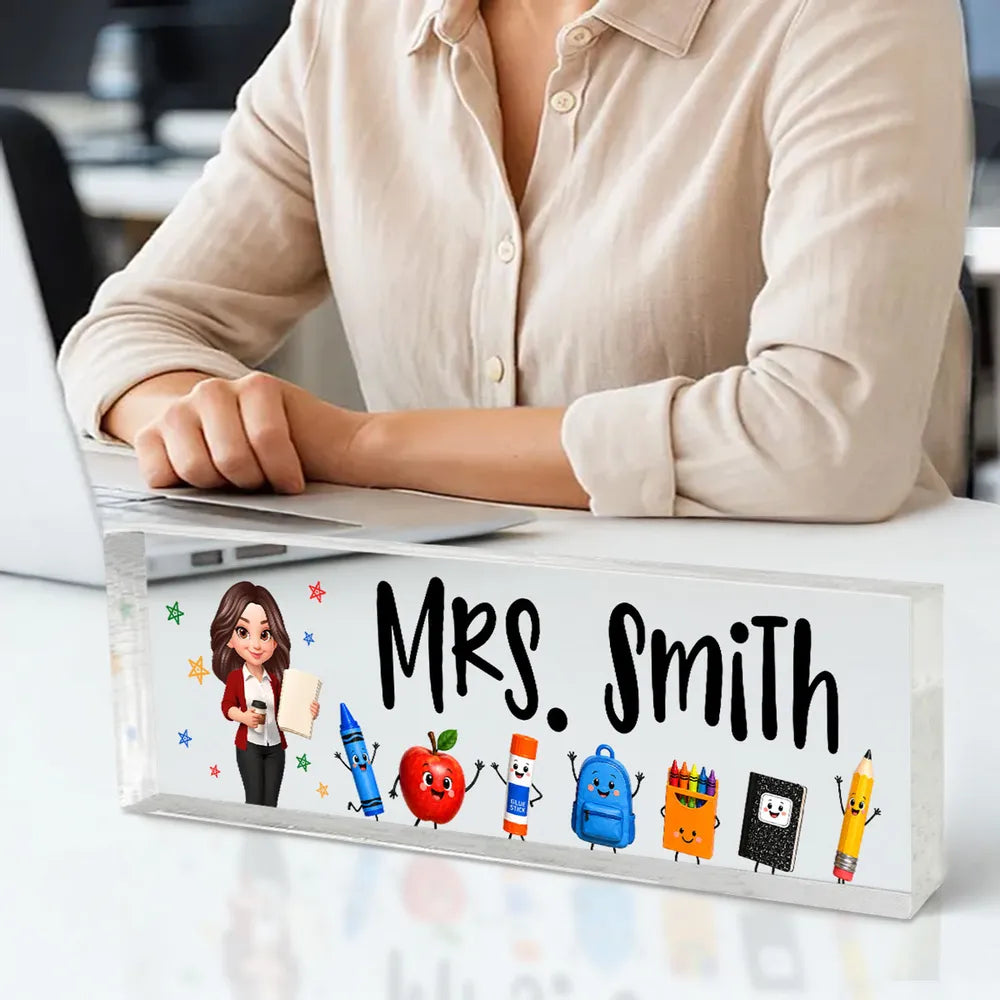 Personalized Rectangle Acrylic Block Plaque, Teacher Holding Coffee, Colorful School Supplies, Unique Teacher Gift
