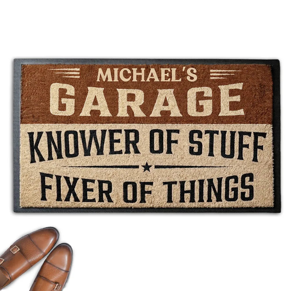 Standard Doormat, Personalized Garage Knower of Stuff Design, Rustic Entry Decor, Unique Creative Gift