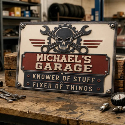 Rectangular Iron Sign, Personalized Fixer of Things Garage Design, Vintage Decor, Unique Gift